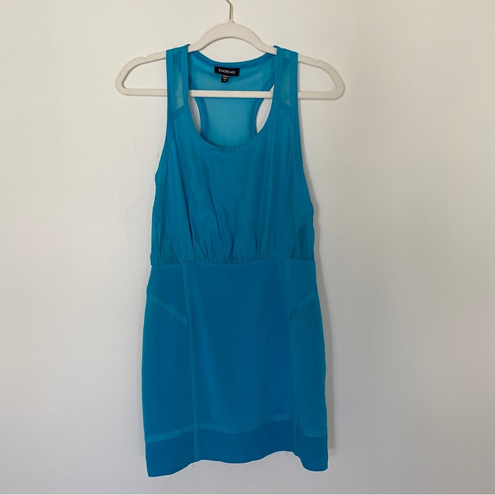 BEBE Y2K Silky Racer Back Tank Dress w/ Sheer Cutouts, Jewel Blue - Size XS